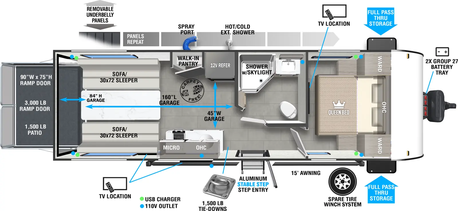 The Salem FSX 210RTK floorplan is a toy hauler that has one entry and zero slide outs. Exterior features include: fiberglass exterior and 15' awning. Interiors features include: front bedroom.